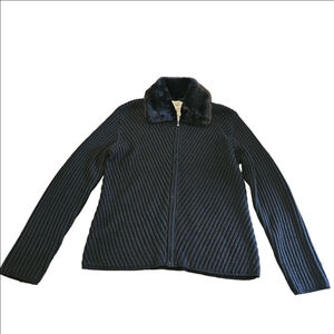 Women's Oleg Cassini Vintage Black Faux Fur Removable Collar Full Zip Cardigan L